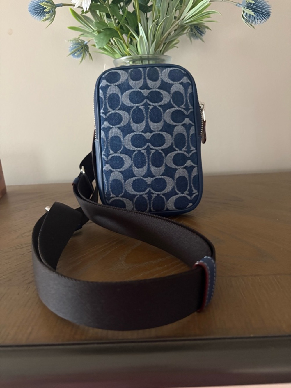 Coach Navy Signature Canvas Belt Bag with blue strap